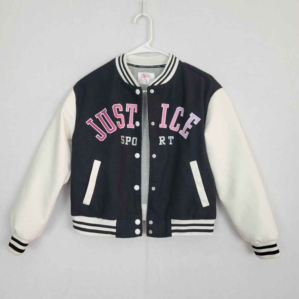 Justice Sport Black & White Girls Varsity Jacket Pink Smile - Size M(10)